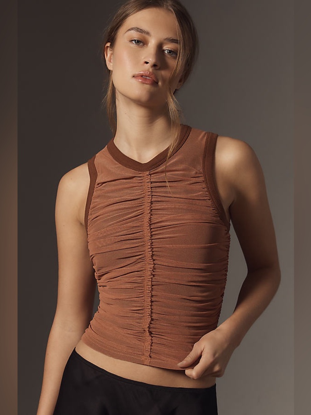 Anthropologie Shirred Mesh Racerback Tank Top brown rust color NWOT size small
